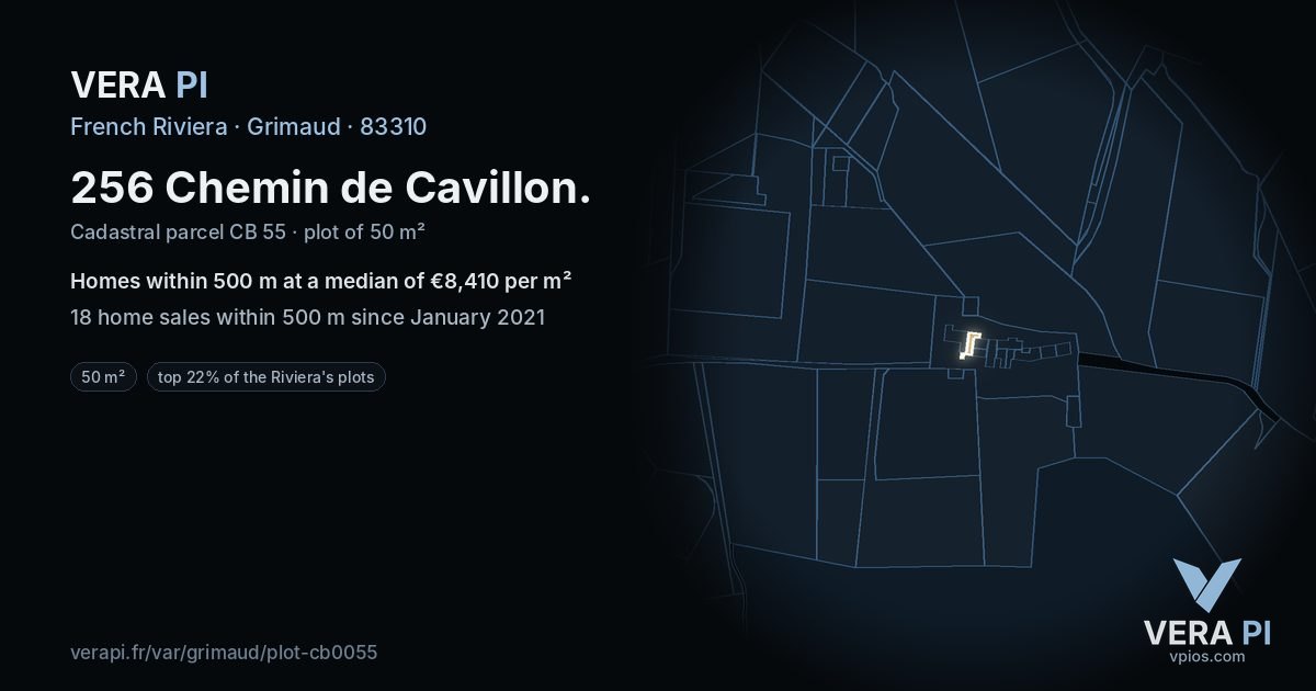 256 Chemin de Cavillon, Grimaud at night – the plot lit, the parcels around coloured by the prices near them