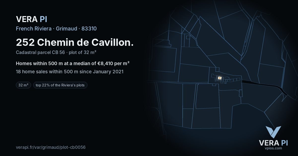 252 Chemin de Cavillon, Grimaud at night – the plot lit, the parcels around coloured by the prices near them
