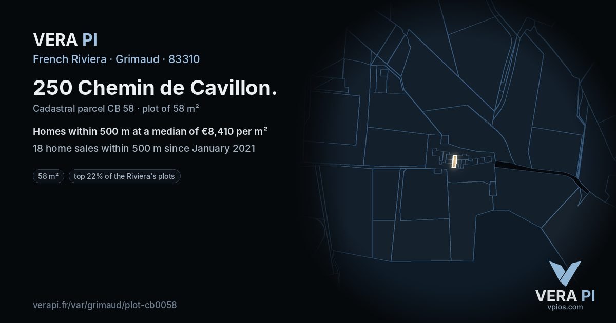 250 Chemin de Cavillon, Grimaud at night – the plot lit, the parcels around coloured by the prices near them