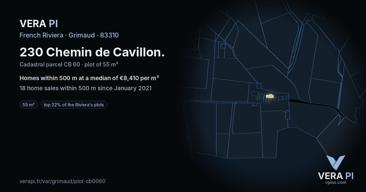 230 Chemin de Cavillon, Grimaud at night – the plot lit, the parcels around coloured by the prices near them