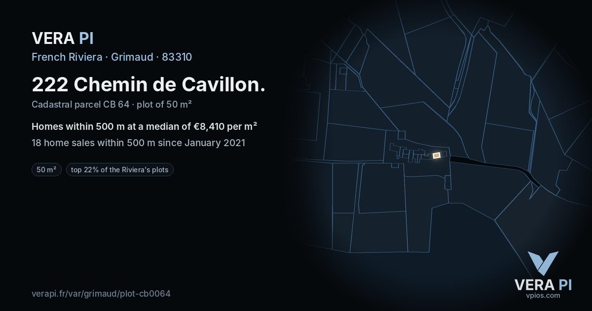 222 Chemin de Cavillon, Grimaud at night – the plot lit, the parcels around coloured by the prices near them
