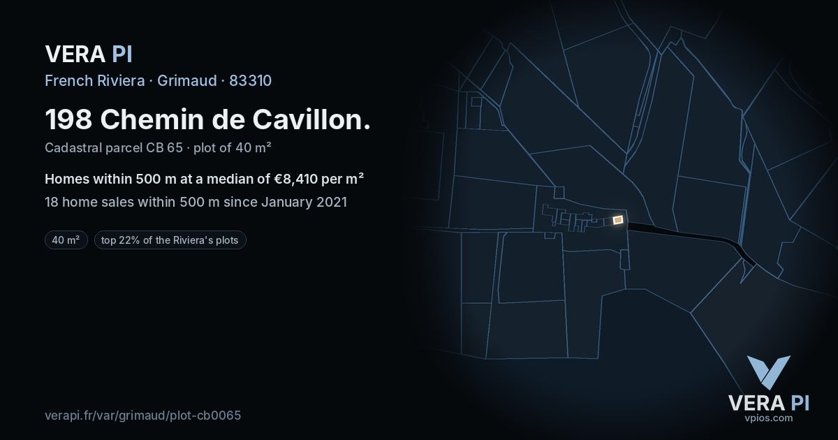 198 Chemin de Cavillon, Grimaud at night – the plot lit, the parcels around coloured by the prices near them