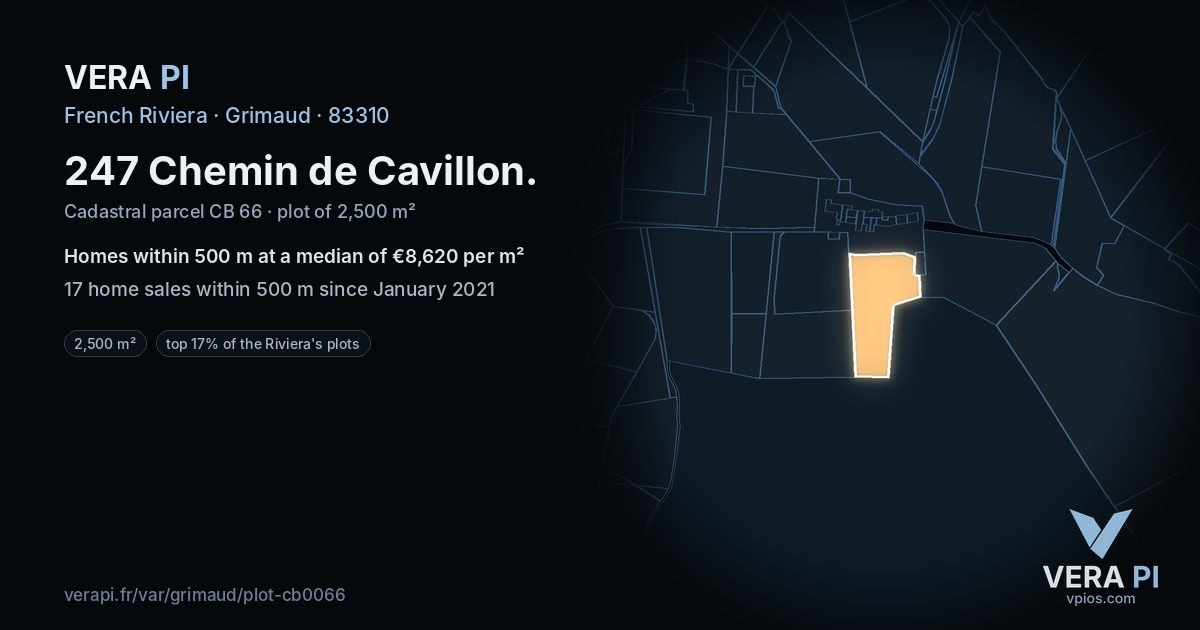 247 Chemin de Cavillon, Grimaud at night – the plot lit, the parcels around coloured by the prices near them