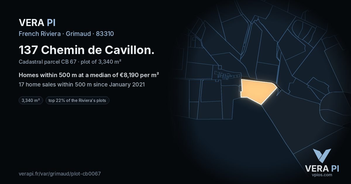 137 Chemin de Cavillon, Grimaud at night – the plot lit, the parcels around coloured by the prices near them