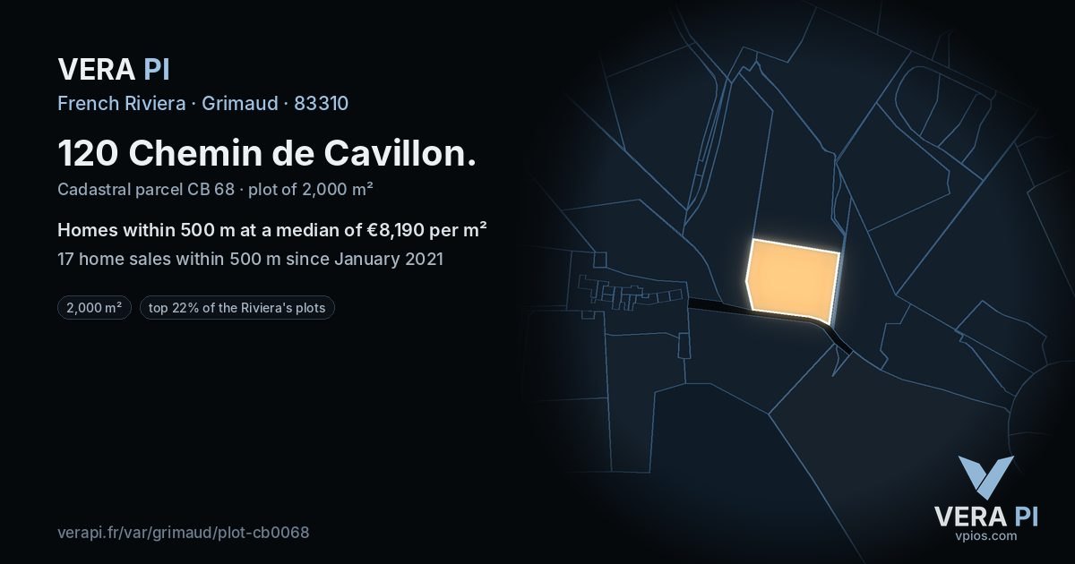 120 Chemin de Cavillon, Grimaud at night – the plot lit, the parcels around coloured by the prices near them