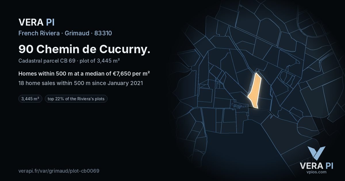 90 Chemin de Cucurny, Grimaud at night – the plot lit, the parcels around coloured by the prices near them
