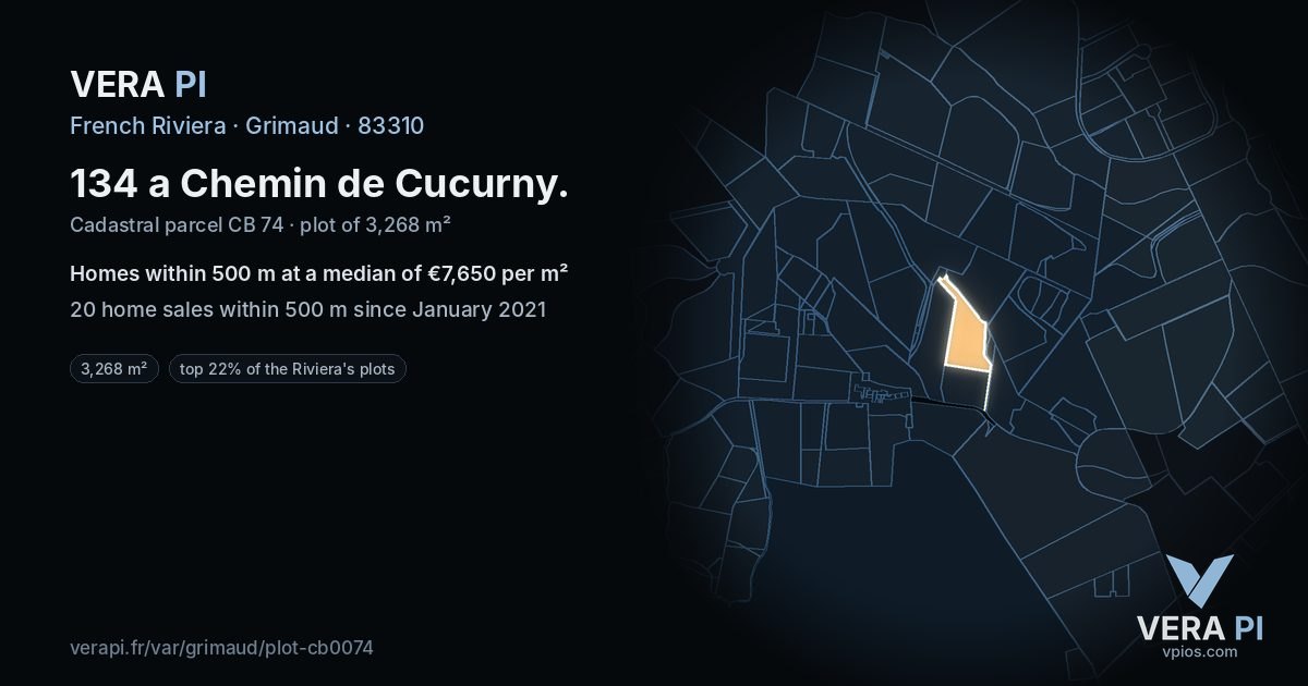 134 a Chemin de Cucurny, Grimaud at night – the plot lit, the parcels around coloured by the prices near them