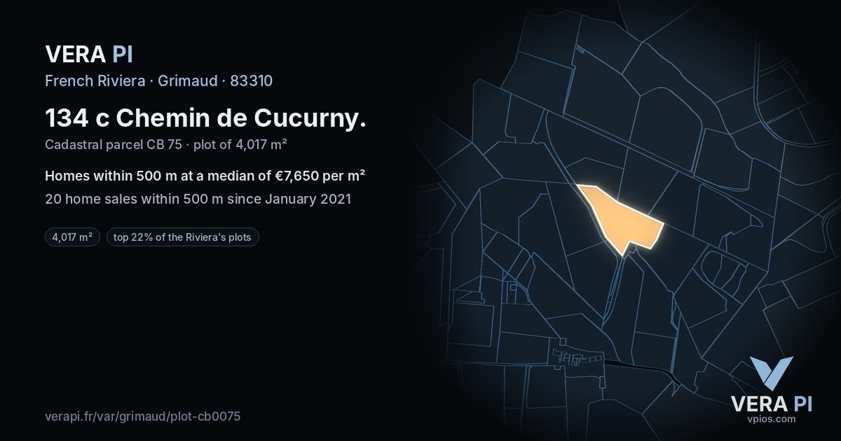 134 c Chemin de Cucurny, Grimaud at night – the plot lit, the parcels around coloured by the prices near them