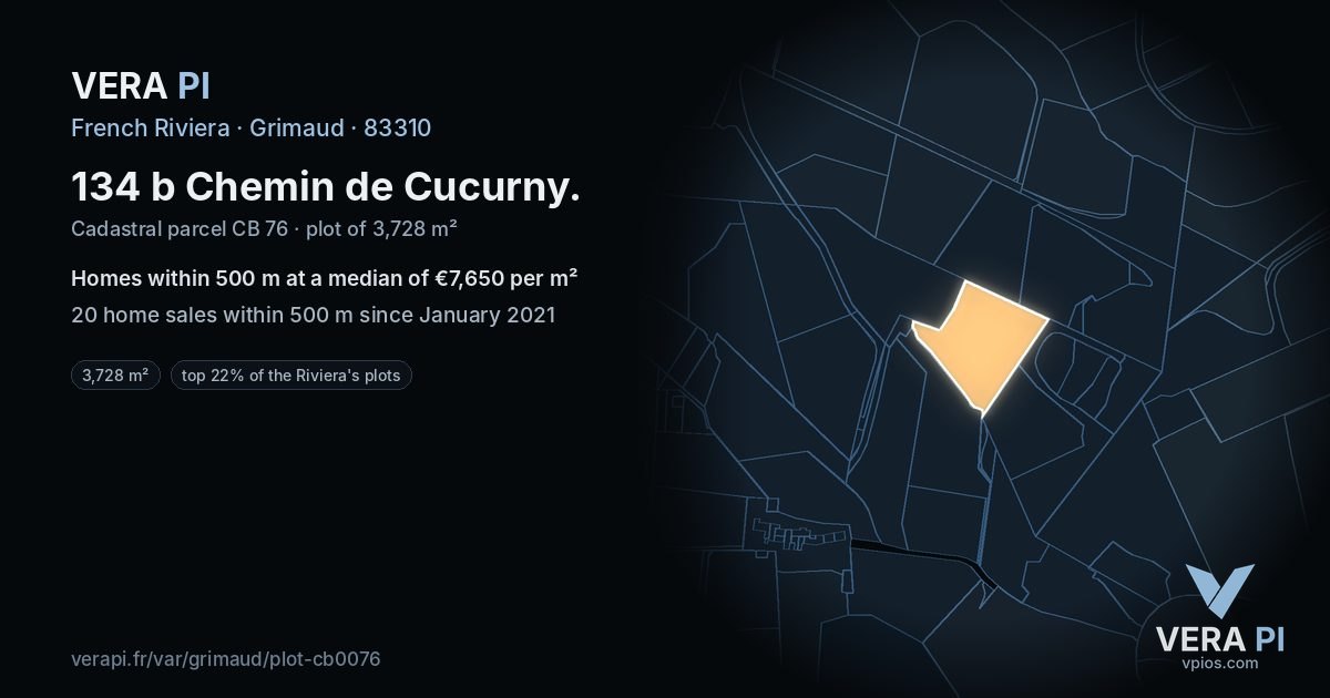 134 b Chemin de Cucurny, Grimaud at night – the plot lit, the parcels around coloured by the prices near them