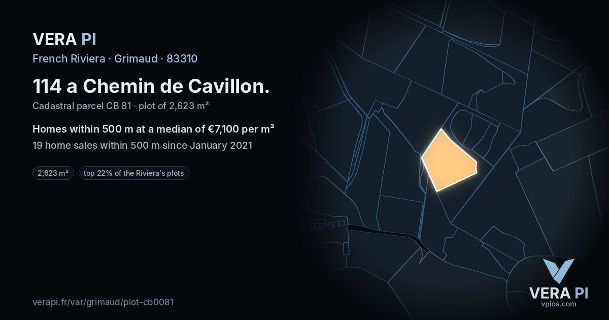 114 a Chemin de Cavillon, Grimaud at night – the plot lit, the parcels around coloured by the prices near them
