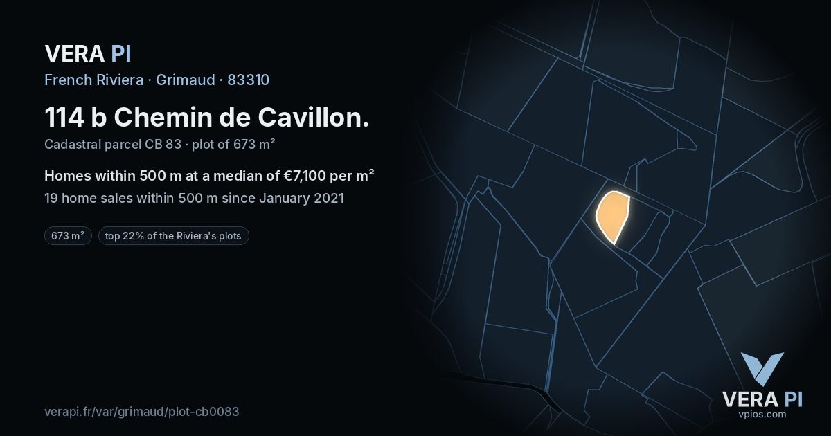 114 b Chemin de Cavillon, Grimaud at night – the plot lit, the parcels around coloured by the prices near them