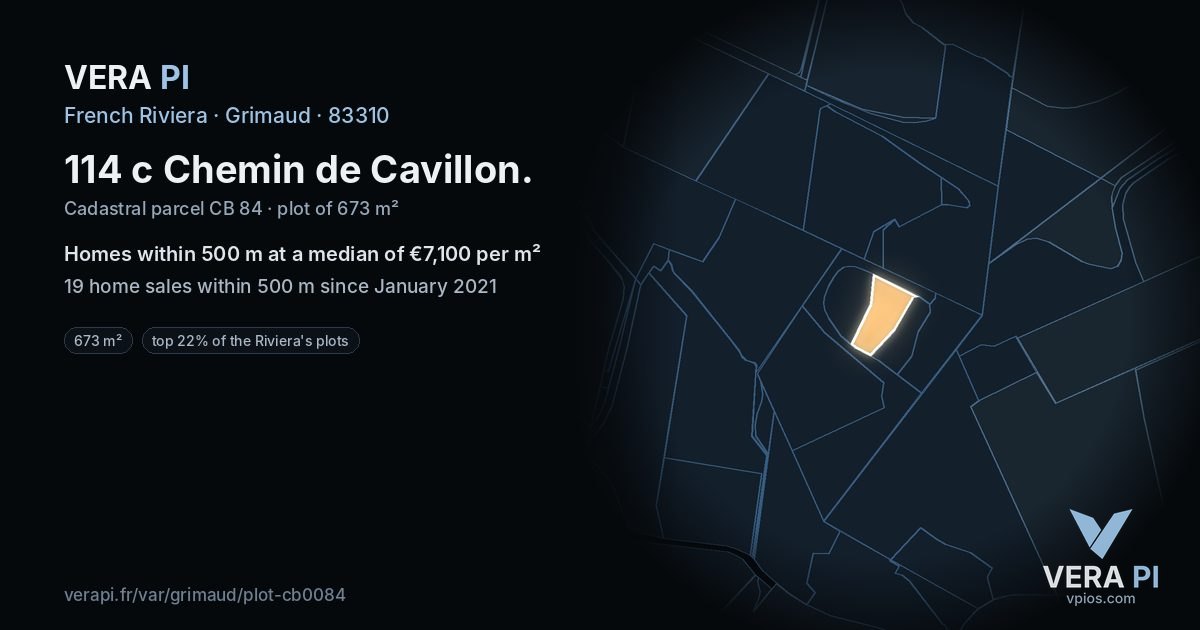 114 c Chemin de Cavillon, Grimaud at night – the plot lit, the parcels around coloured by the prices near them