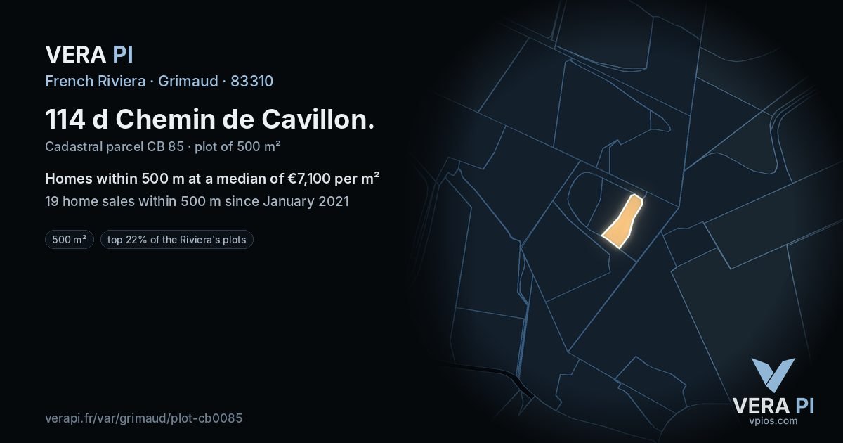 114 d Chemin de Cavillon, Grimaud at night – the plot lit, the parcels around coloured by the prices near them