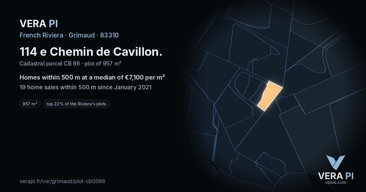 114 e Chemin de Cavillon, Grimaud at night – the plot lit, the parcels around coloured by the prices near them