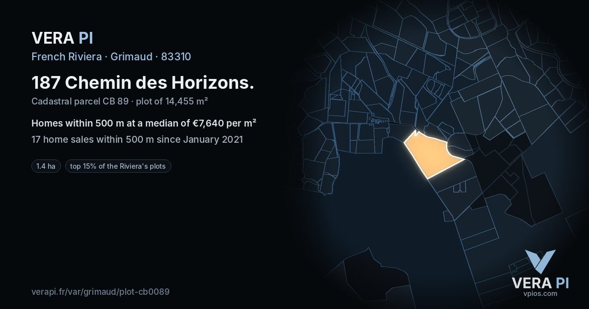 187 Chemin des Horizons, Grimaud at night – the plot lit, the parcels around coloured by the prices near them