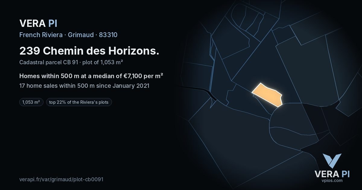 239 Chemin des Horizons, Grimaud at night – the plot lit, the parcels around coloured by the prices near them