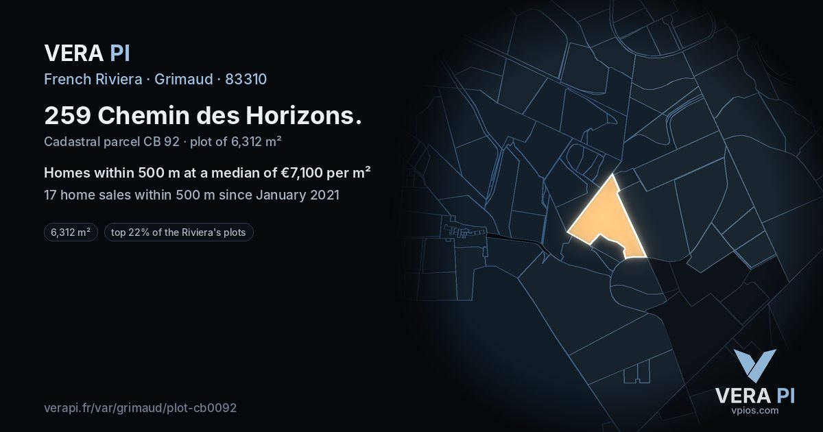 259 Chemin des Horizons, Grimaud at night – the plot lit, the parcels around coloured by the prices near them