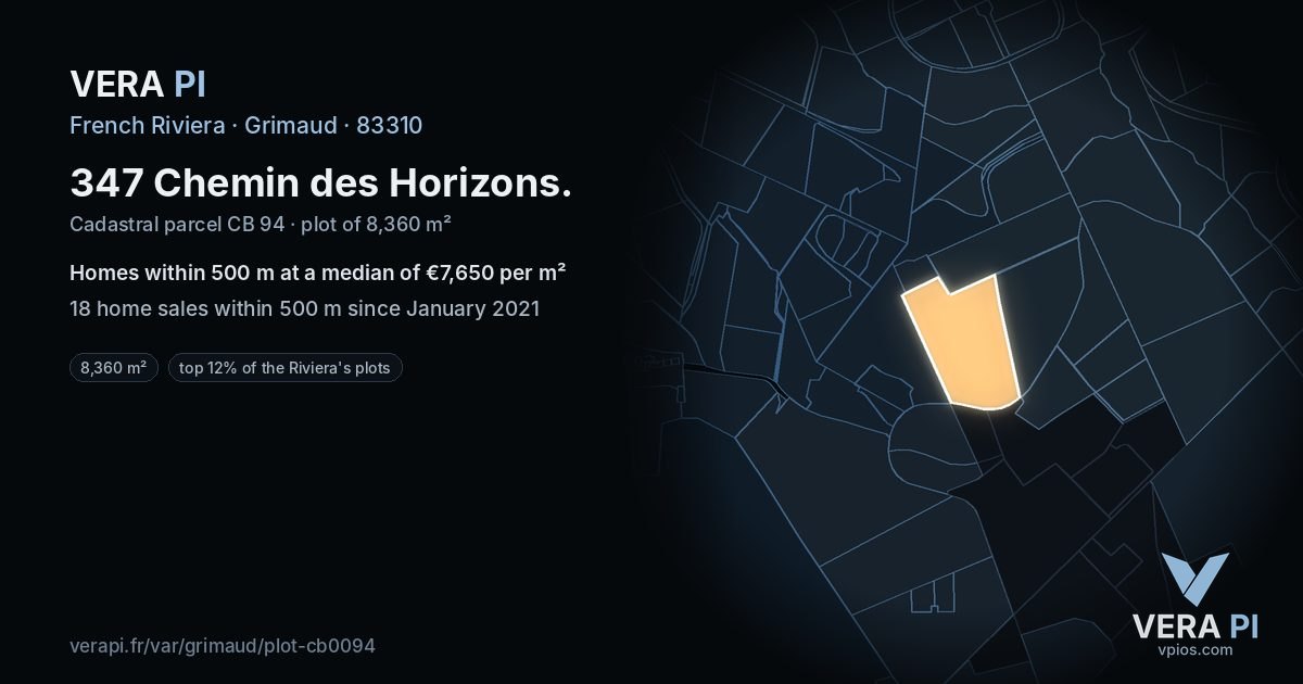 347 Chemin des Horizons, Grimaud at night – the plot lit, the parcels around coloured by the prices near them
