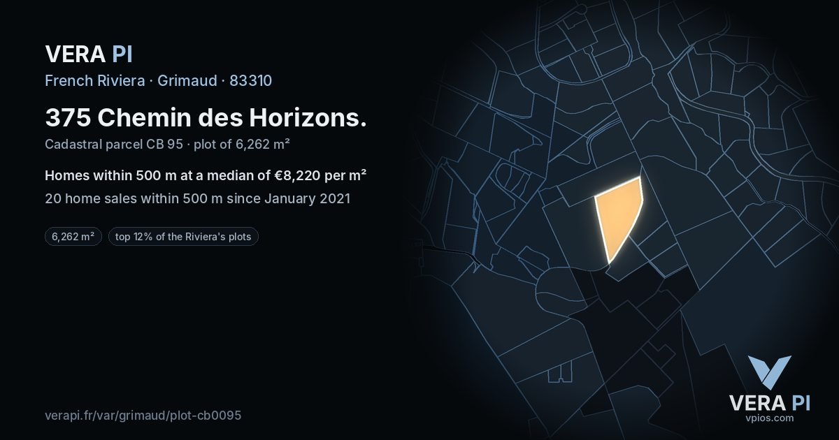 375 Chemin des Horizons, Grimaud at night – the plot lit, the parcels around coloured by the prices near them