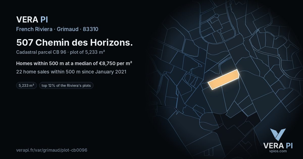 507 Chemin des Horizons, Grimaud at night – the plot lit, the parcels around coloured by the prices near them