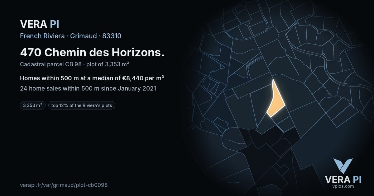 470 Chemin des Horizons, Grimaud at night – the plot lit, the parcels around coloured by the prices near them