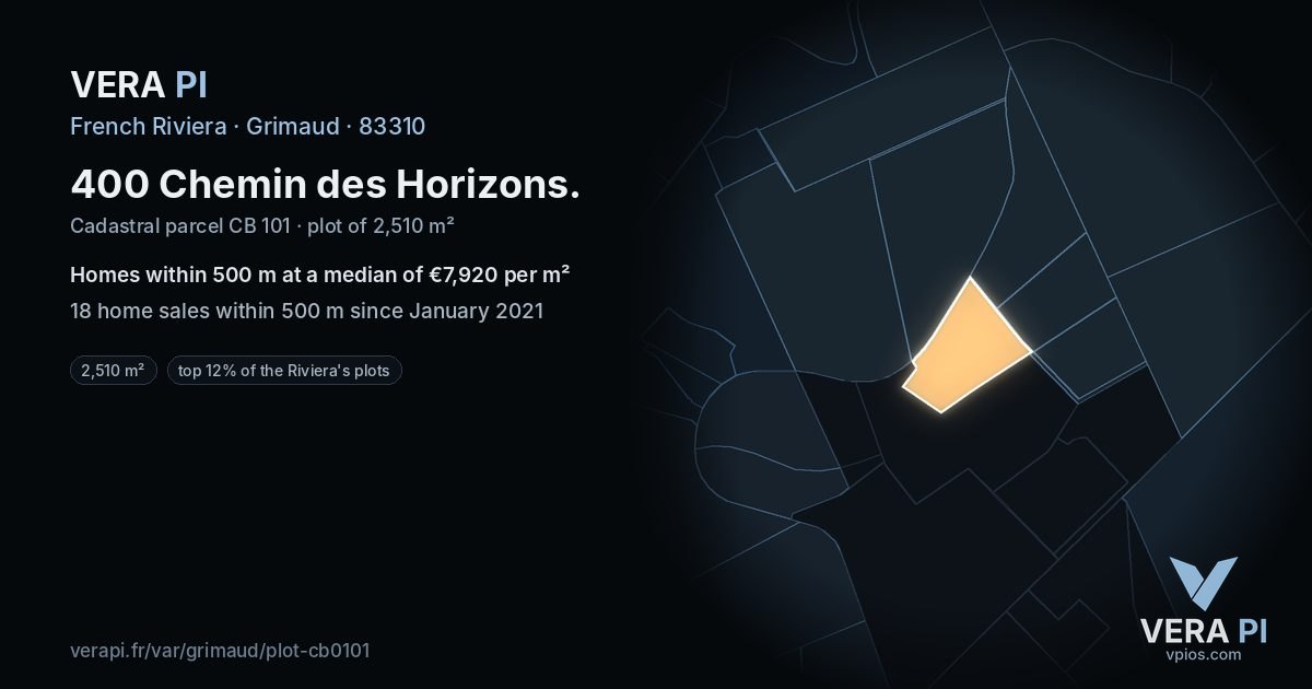 400 Chemin des Horizons, Grimaud at night – the plot lit, the parcels around coloured by the prices near them