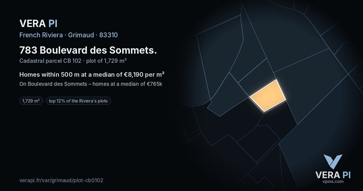 783 Boulevard des Sommets, Grimaud at night – the plot lit, the parcels around coloured by the prices near them