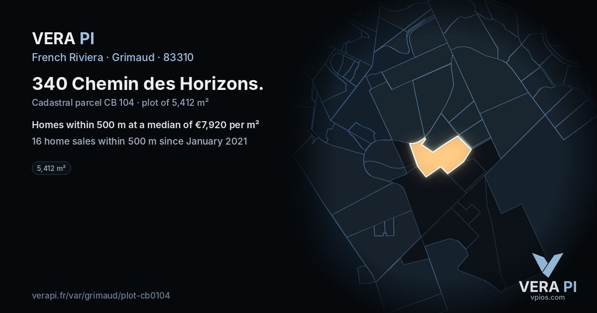 340 Chemin des Horizons, Grimaud at night – the plot lit, the parcels around coloured by the prices near them