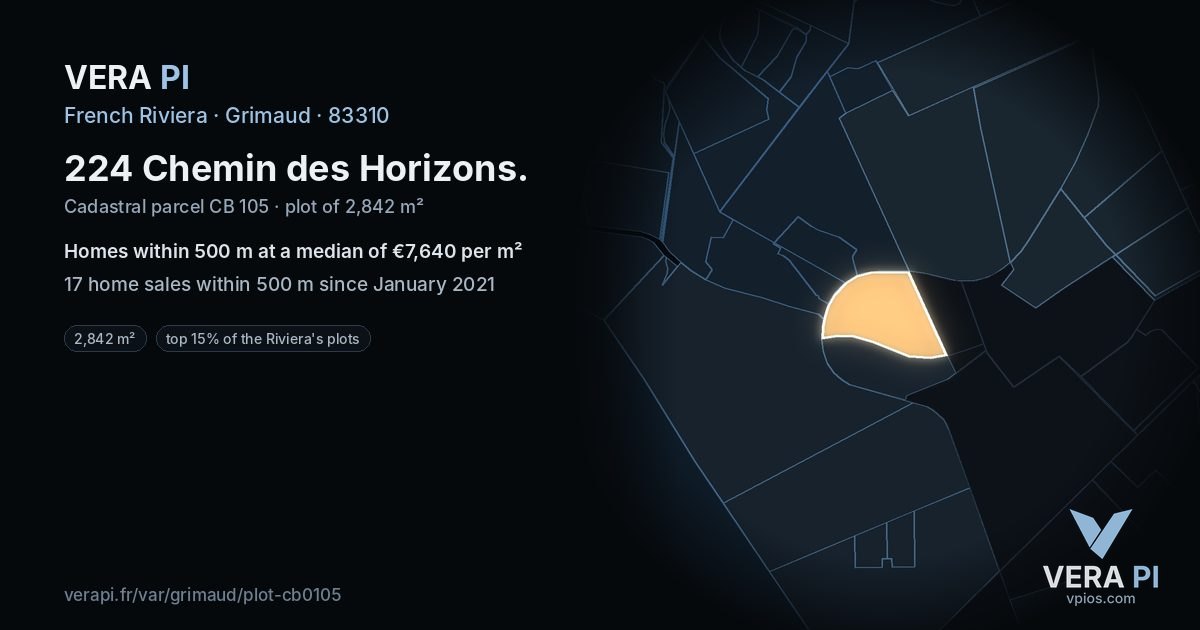 224 Chemin des Horizons, Grimaud at night – the plot lit, the parcels around coloured by the prices near them