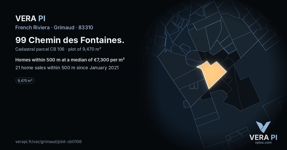99 Chemin des Fontaines, Grimaud at night – the plot lit, the parcels around coloured by the prices near them