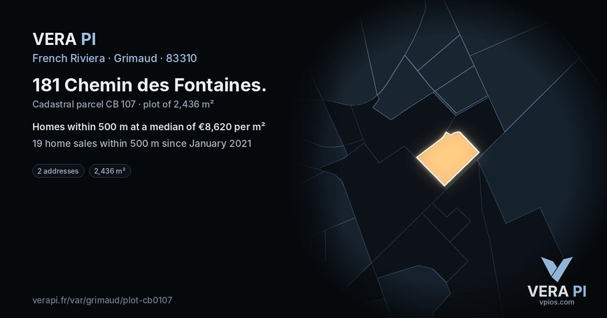 181 Chemin des Fontaines, Grimaud at night – the plot lit, the parcels around coloured by the prices near them