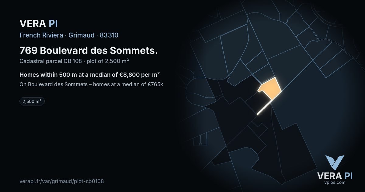 769 Boulevard des Sommets, Grimaud at night – the plot lit, the parcels around coloured by the prices near them