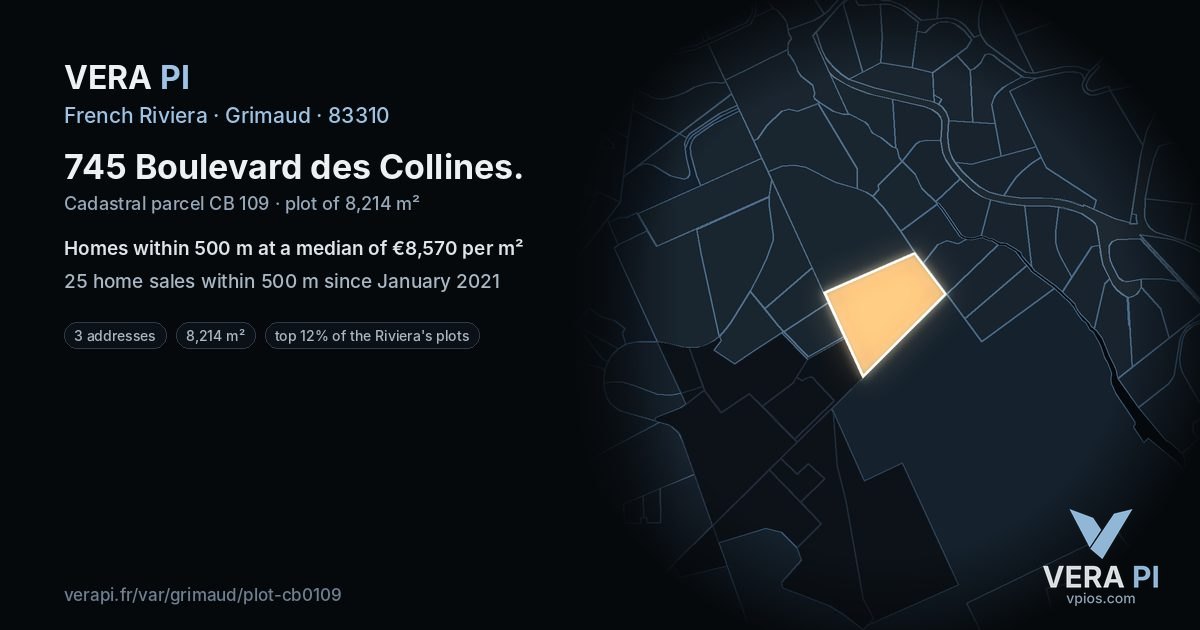 745 Boulevard des Collines, Grimaud at night – the plot lit, the parcels around coloured by the prices near them