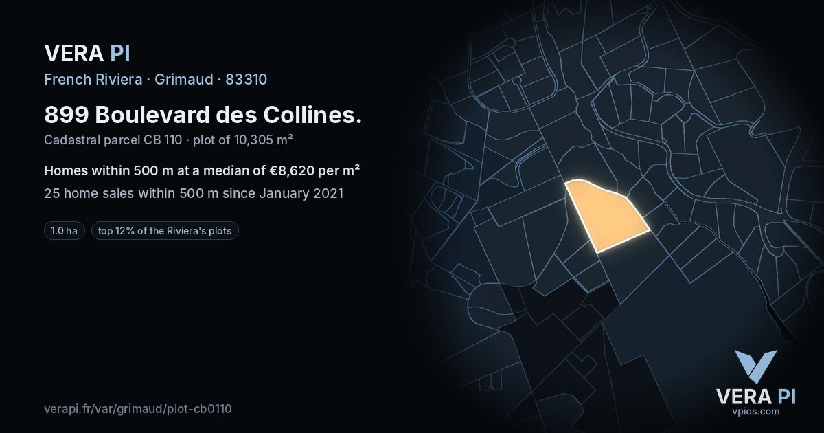 899 Boulevard des Collines, Grimaud at night – the plot lit, the parcels around coloured by the prices near them