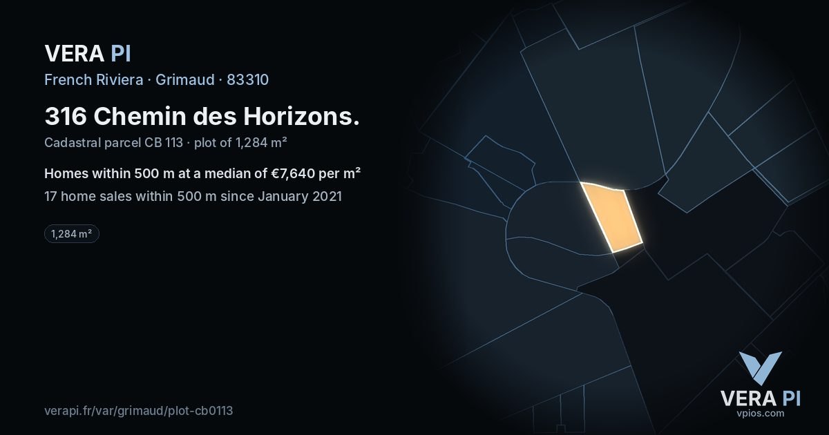 316 Chemin des Horizons, Grimaud at night – the plot lit, the parcels around coloured by the prices near them