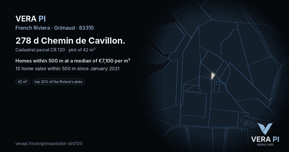 278 d Chemin de Cavillon, Grimaud at night – the plot lit, the parcels around coloured by the prices near them