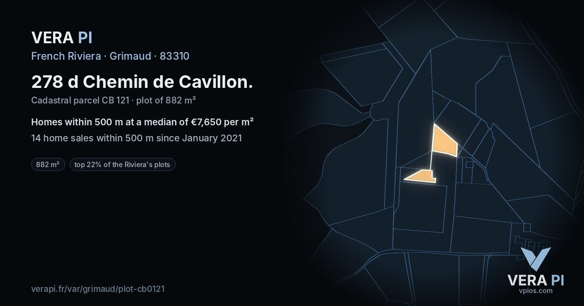 278 d Chemin de Cavillon, Grimaud at night – the plot lit, the parcels around coloured by the prices near them