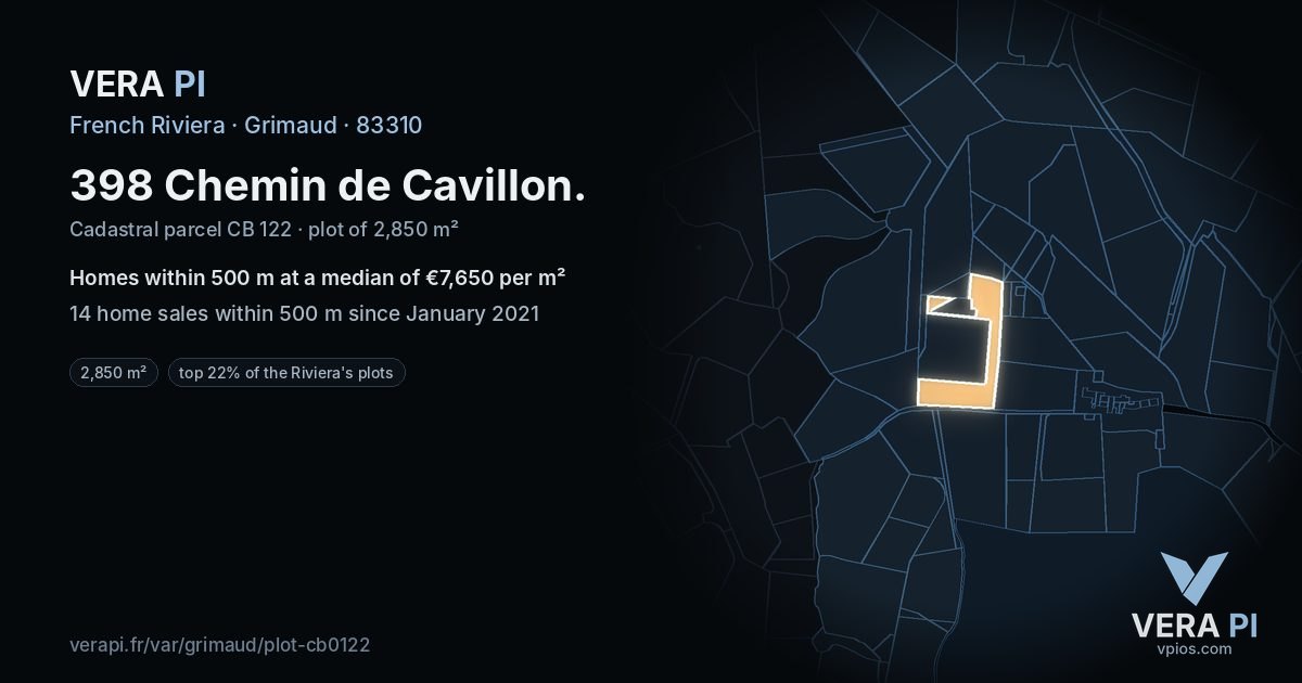 398 Chemin de Cavillon, Grimaud at night – the plot lit, the parcels around coloured by the prices near them
