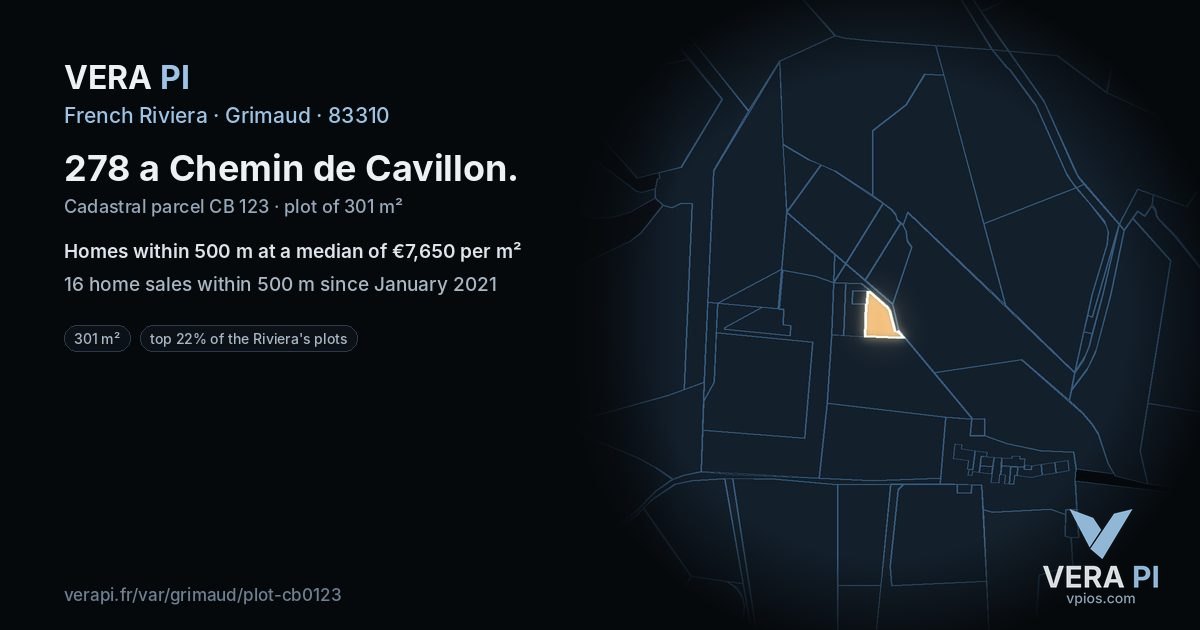 278 a Chemin de Cavillon, Grimaud at night – the plot lit, the parcels around coloured by the prices near them