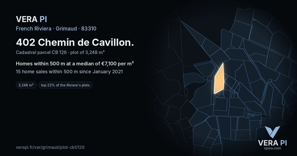 402 Chemin de Cavillon, Grimaud at night – the plot lit, the parcels around coloured by the prices near them