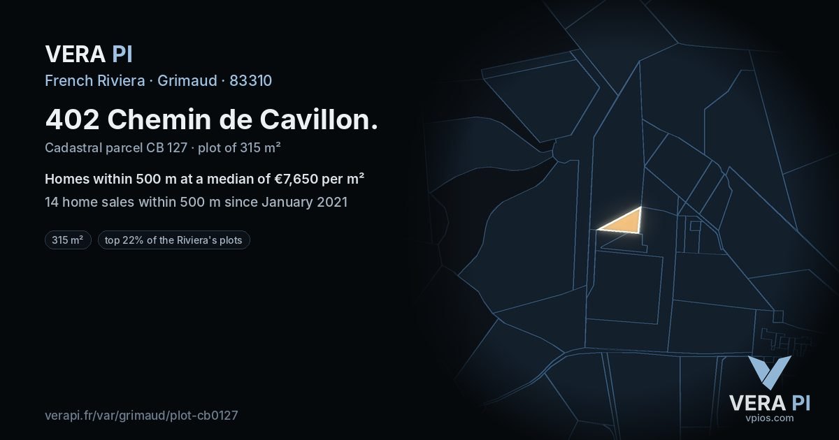 402 Chemin de Cavillon, Grimaud at night – the plot lit, the parcels around coloured by the prices near them