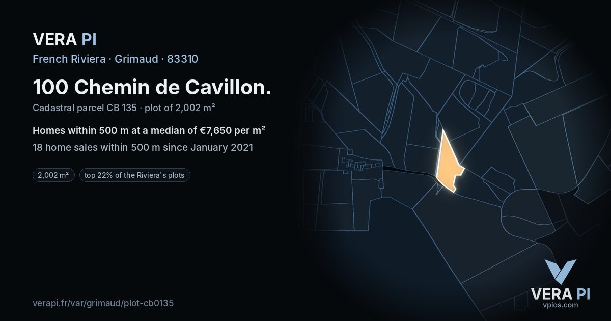 100 Chemin de Cavillon, Grimaud at night – the plot lit, the parcels around coloured by the prices near them