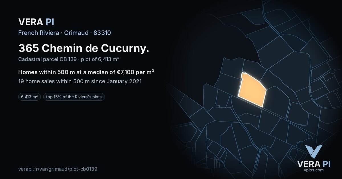 365 Chemin de Cucurny, Grimaud at night – the plot lit, the parcels around coloured by the prices near them