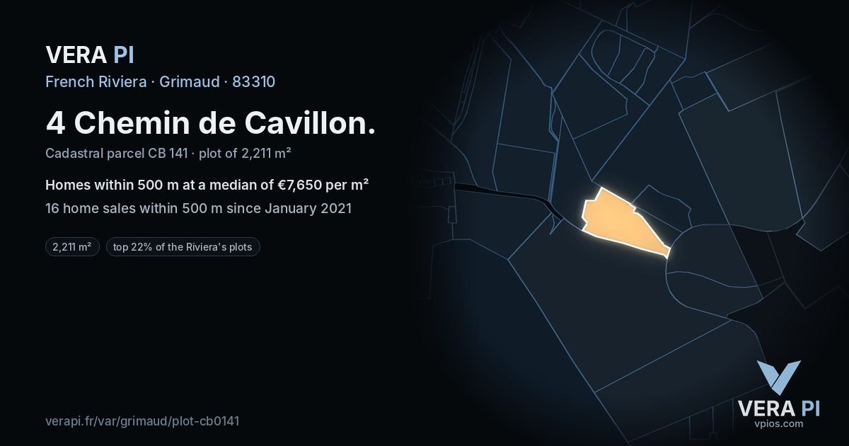 4 Chemin de Cavillon, Grimaud at night – the plot lit, the parcels around coloured by the prices near them