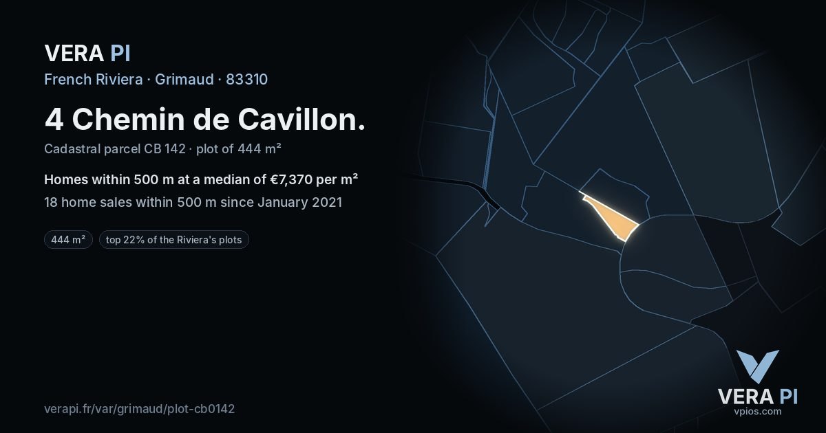 4 Chemin de Cavillon, Grimaud at night – the plot lit, the parcels around coloured by the prices near them