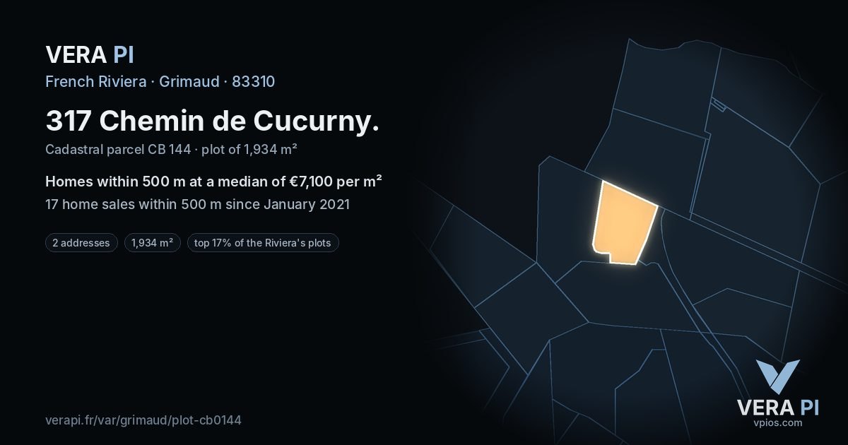 317 Chemin de Cucurny, Grimaud at night – the plot lit, the parcels around coloured by the prices near them
