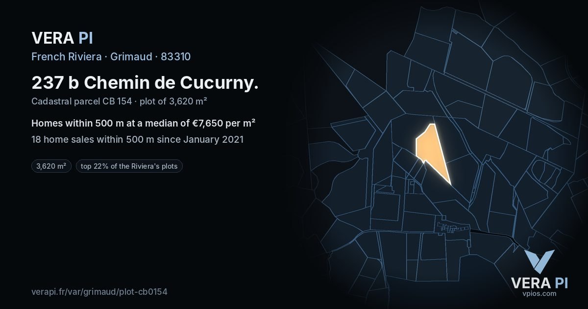 237 b Chemin de Cucurny, Grimaud at night – the plot lit, the parcels around coloured by the prices near them
