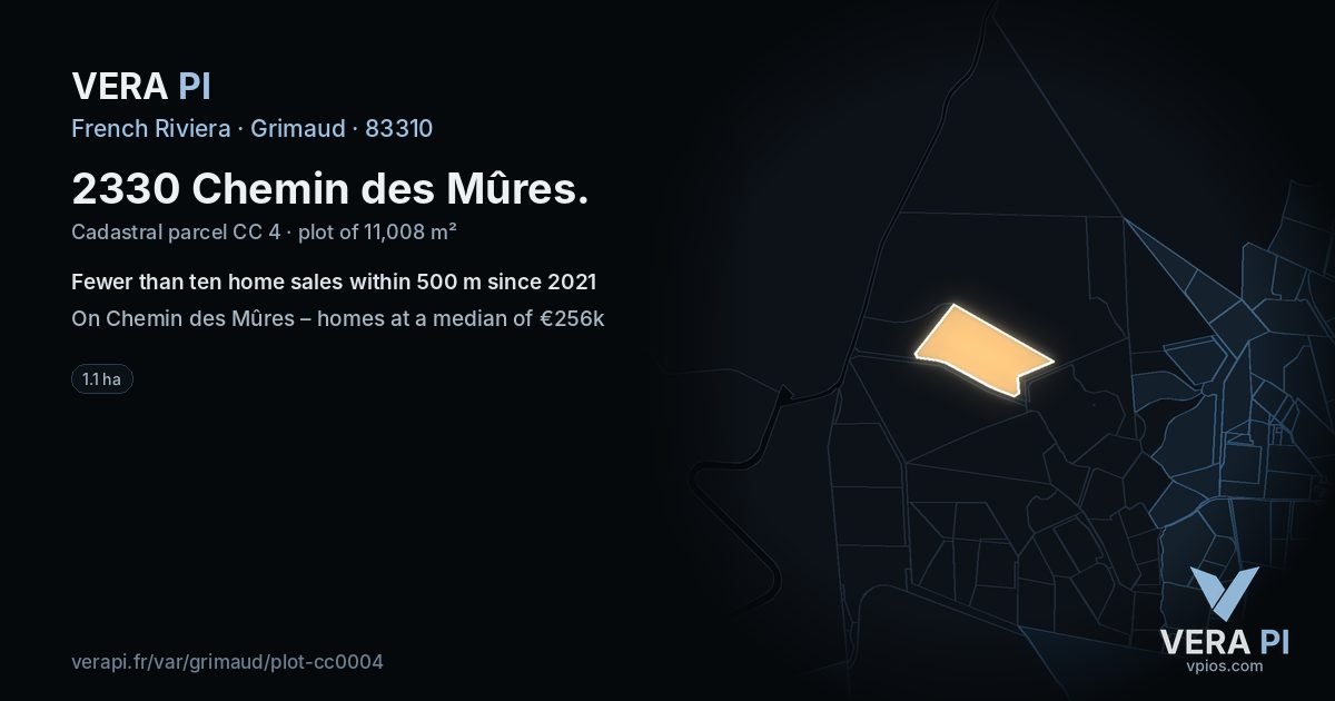 2330 Chemin des Mûres, Grimaud at night – the plot lit, the parcels around coloured by the prices near them