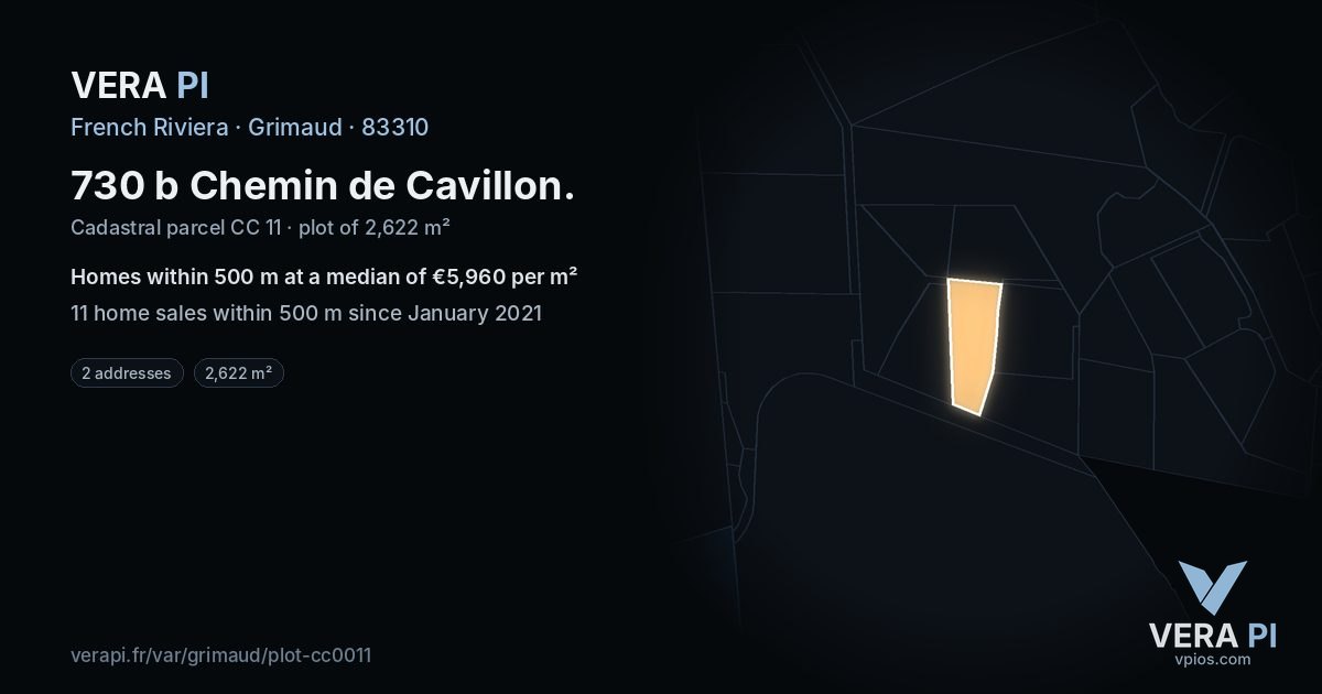 730 b Chemin de Cavillon, Grimaud at night – the plot lit, the parcels around coloured by the prices near them