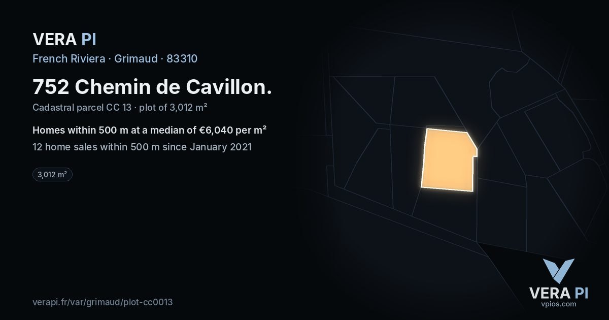 752 Chemin de Cavillon, Grimaud at night – the plot lit, the parcels around coloured by the prices near them